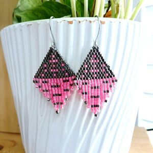 Boho Chic Beaded Fringe Dangle Earrings, Pink & Grey Seed Bead Jewelry, 2"